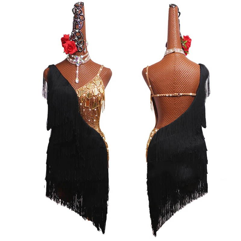 Женское платье для латиноамериканских танцев Золотое Платье с зеркальным