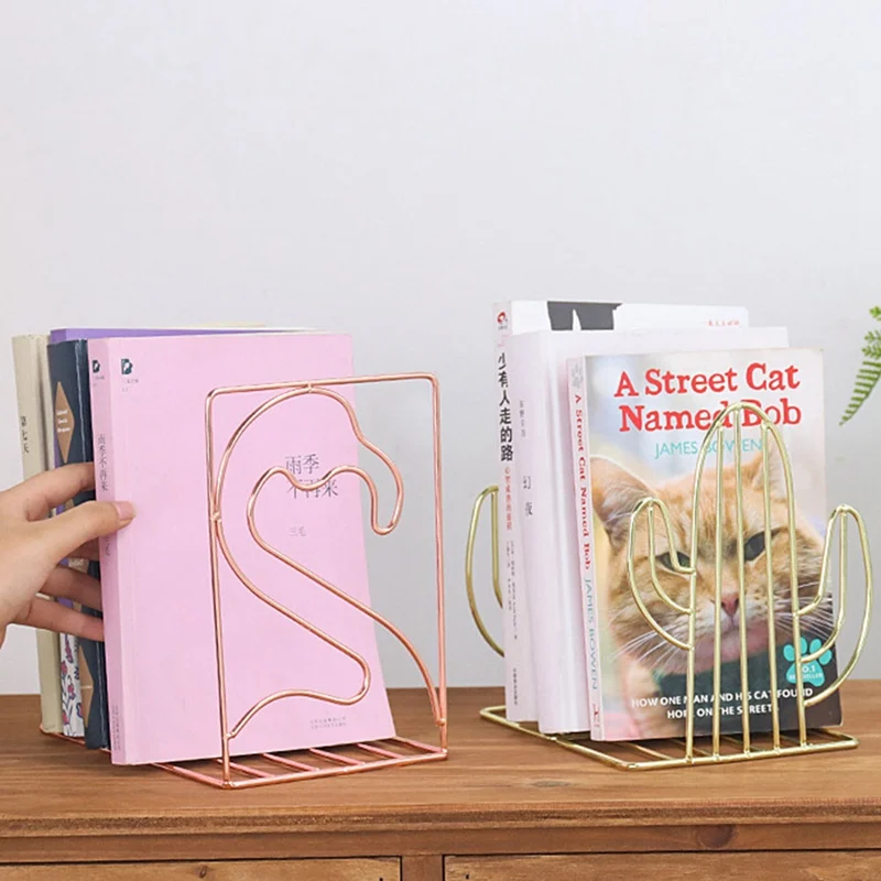 

New 2 Pcs/Pair Creative Cactus Flamingo Geometric Shaped Metal Bookends Book Support Stand Desk Organizer Storage Holder Shelf