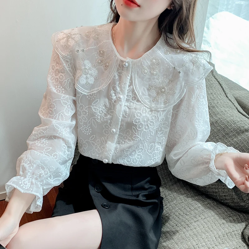 

Женская кружевная рубашка 611i, шифоновая блузка с длинным рукавом и воротником-куклой, весна 2022