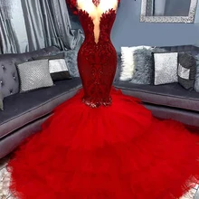 Vestidos largos rojos de baile de graduación, elegantes vestidos de noche de fiesta de sirena con volantes de tul para Niñas Africanas negras, 2021