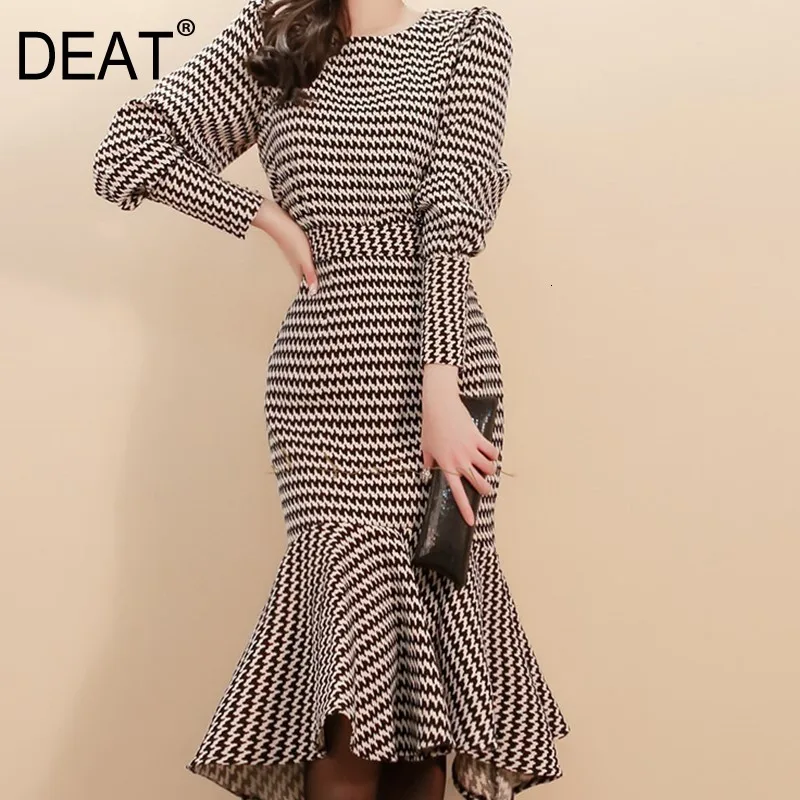 DEAT клетчатая рубашка с круглым вырезом и длинными рукавами высокая талия рыбий