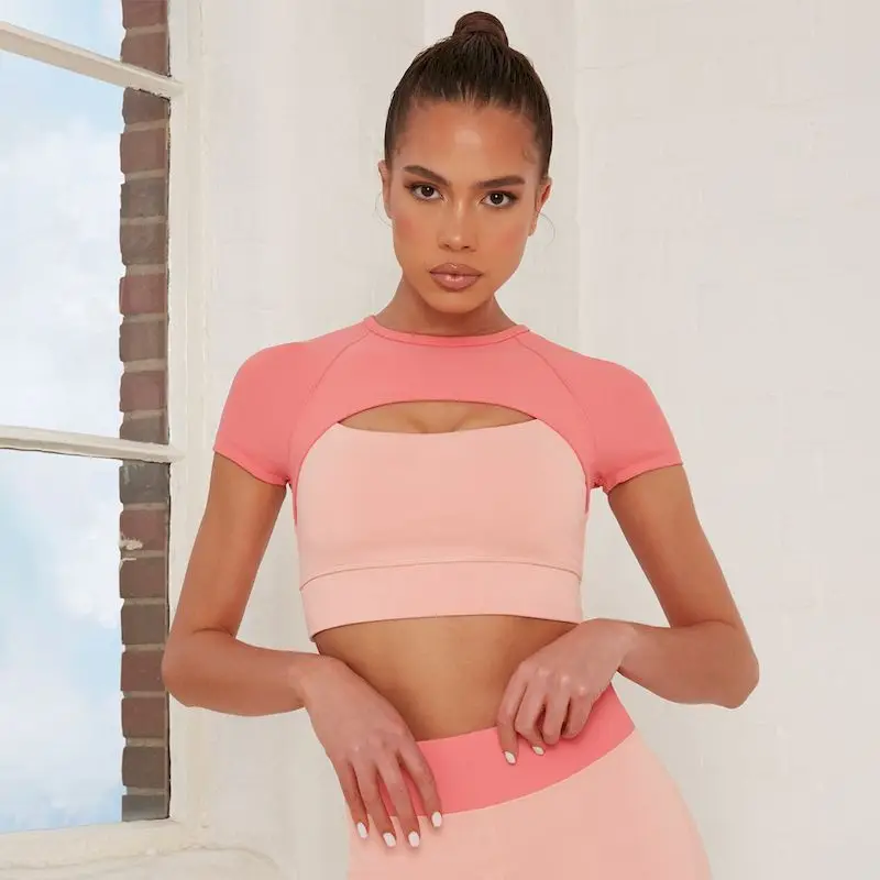 

Tops for Women Contrasting Color Female Yoga Active Wear Stitching Running Fitness Sports Plastic Breast Short Sleeve Workout