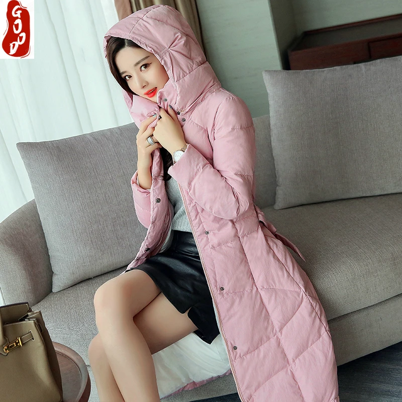 

Зимняя женская куртка, пуховик, Женская Толстая теплая куртка на 90% белом утином пуху, парка, элегантная Длинная зимняя верхняя одежда, пальт...