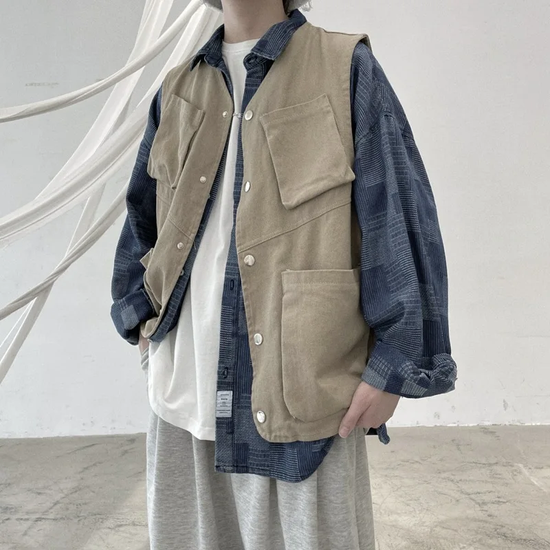 

Men's workwear waistcoat for summer Japanese retro trend loose Harajuku three-dimensional pocket sleeveless vest coat