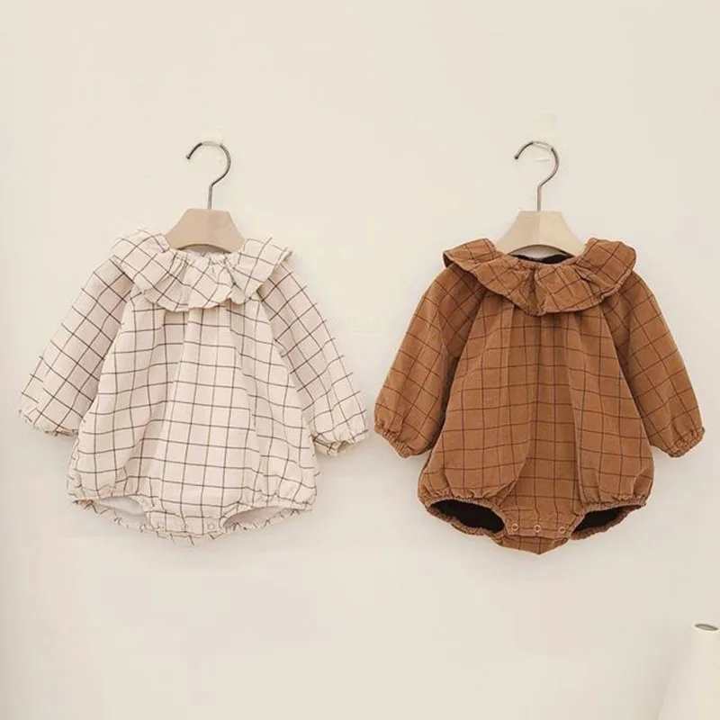 0-2Yrs Baby Boy Girl Lotus Leaf Collar Grid Romper Girl Rompers Spring Baby Long-sleeve Fashion Infant Cotton Clothes For Baby