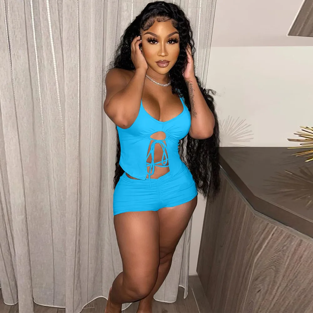 

В винтажном стиле, со шнурком для коррекции и с низким вырезом на спине, укороченный топ + Ruched Slim Fit шорты для женщин летние открытые вечерние ...