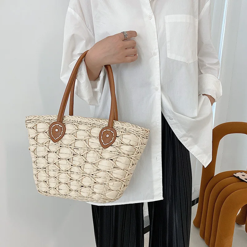 

Summer 2021 New Straw Bag Mummy Bag Portable Large Capacity Beach Bag Holiday Shoulder Bag Hand-Woven Bag