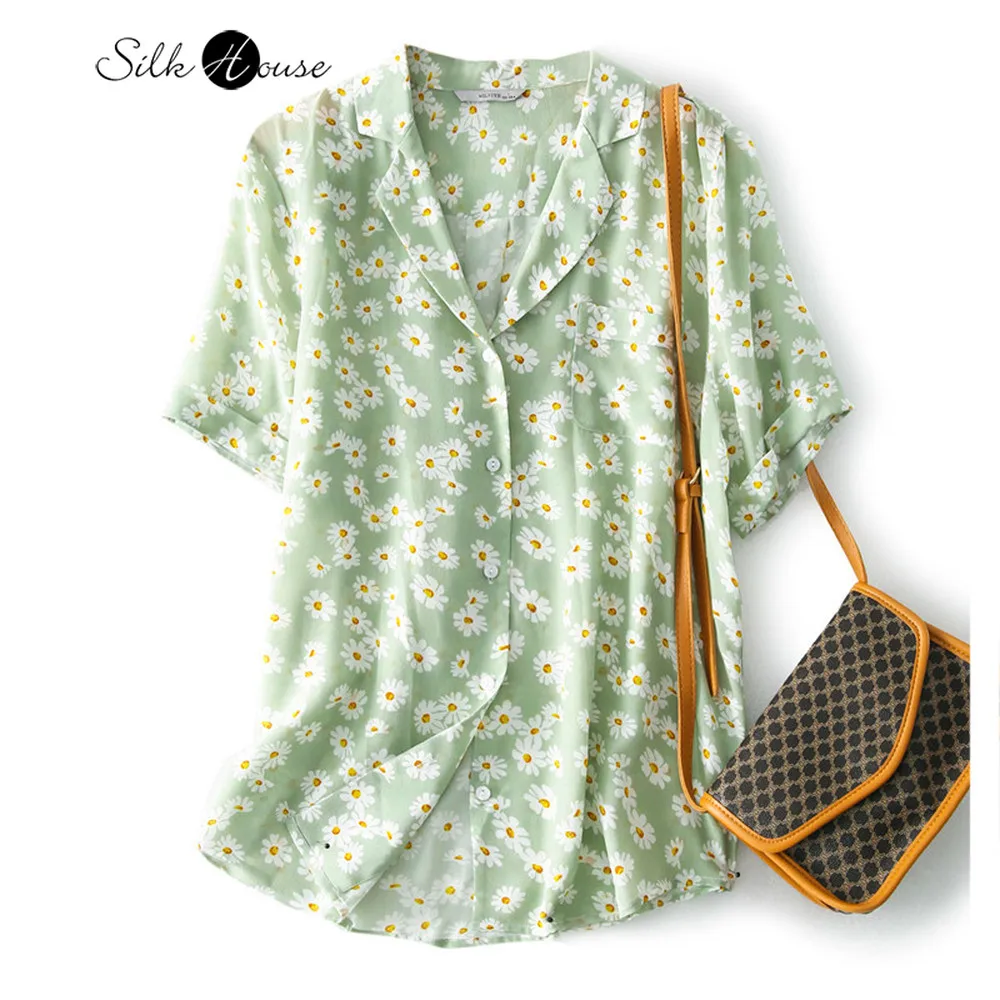 

Женская шелковая рубашка с принтом в виде маленькой маргаритки, Летняя шелковая рубашка, дизайнерский нишевый Топ, лето 2020