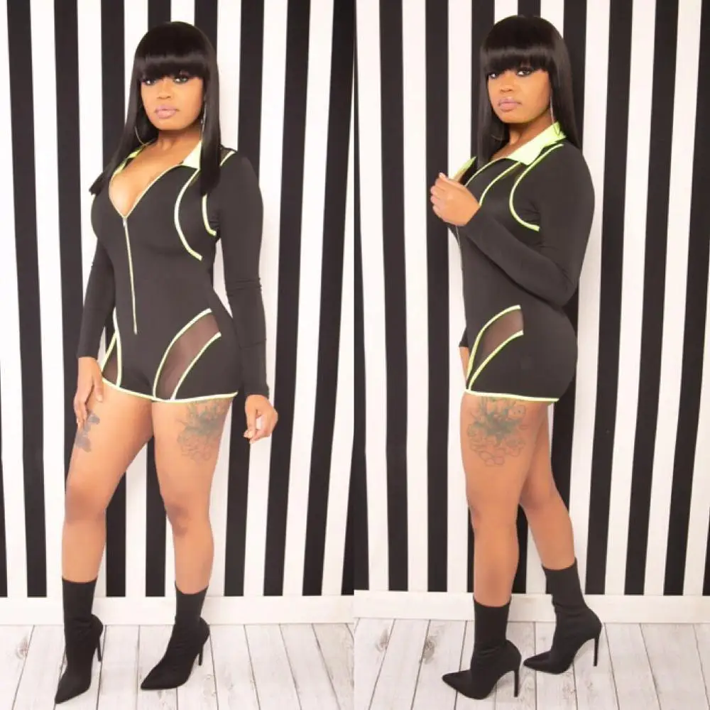 

Fluorescence Color Sheer Mesh Patchhwork Jumpsuit Turn Down Collar Zipper Up Deep V Neck 3/4 Sleeve Sexy Romper Playsuits