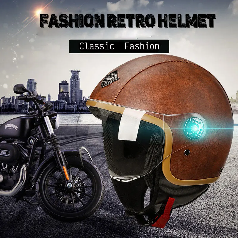 Мотоциклетный шлем в стиле ретро кожаный с прозрачными линзами красный