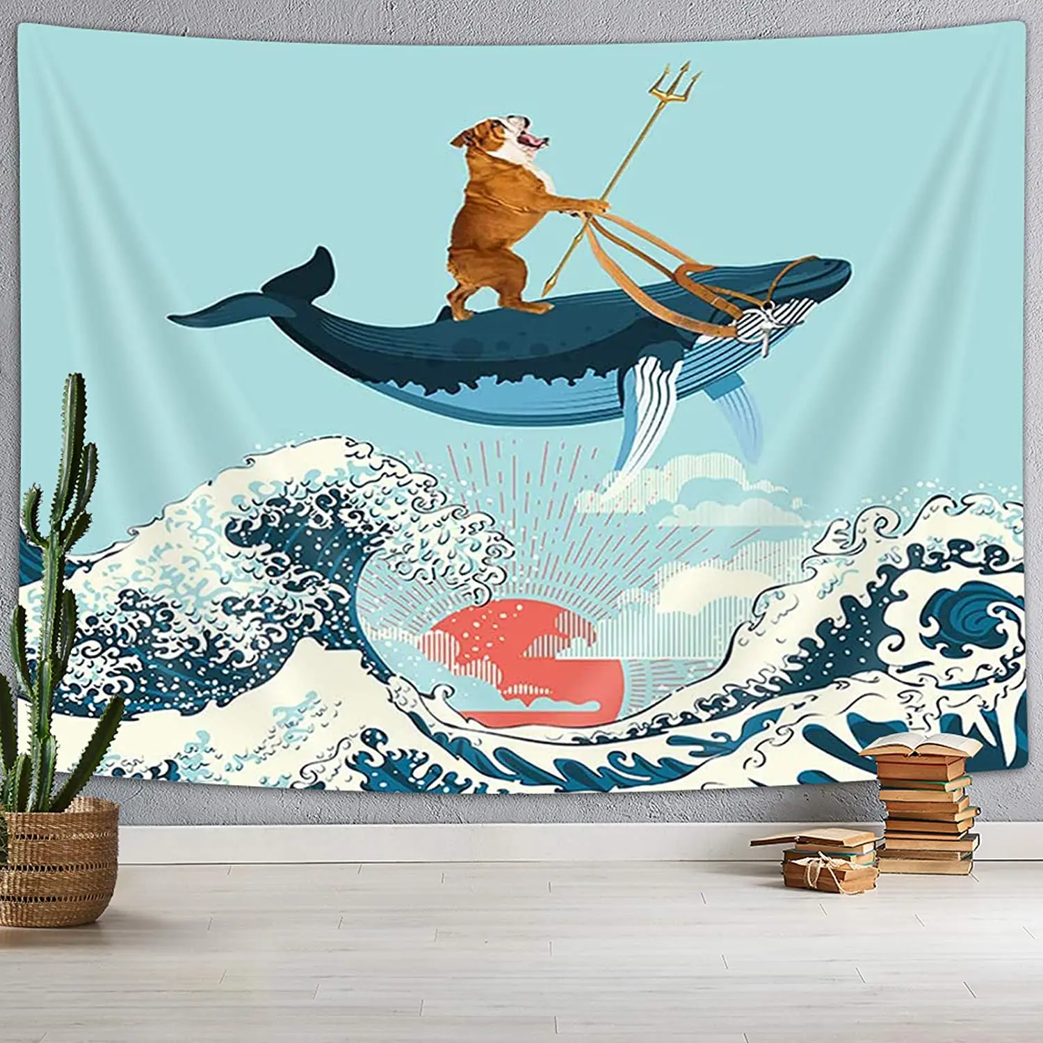 

Забавный гобелен в виде бульдога, крутой гобелен в океане, большой канагава, японская волна на восходе солнца, настенный гобелен, гобелен дл...