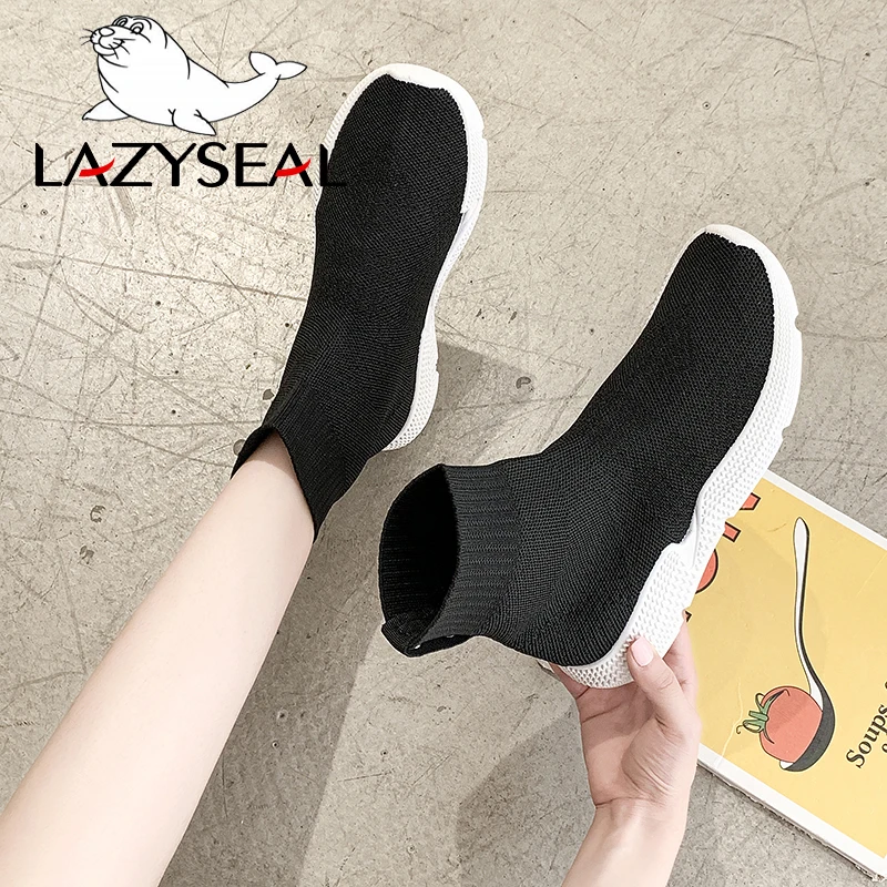 LazySeal ботильоны на не сужающемся книзу массивном каблуке; Повседневная обувь из трикотажной ткани; Новая женская обувь с квадратным носком; женские кроссовки без застежки на платформе