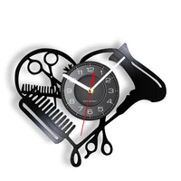 barber shop heart shape vinyl record wall clock beauty salon tools hair dryer scissor comb hairstylist design silent clock watch