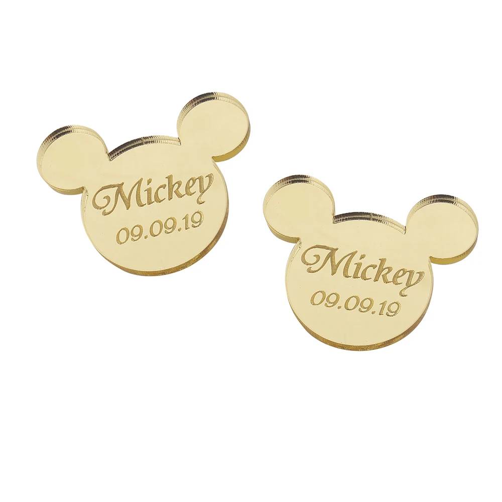 Style7 Gold 12 шт. персонализированные гравированное зеркало Микки Маус надписи имя карты метки ребенок душ украшение для вечеринки в день рождения 40 мм без отверстия - Цвет: Style7 Gold