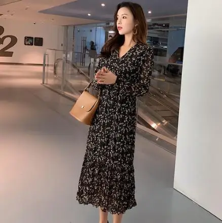 Весна Лето Новое женское элегантное шифоновое платье с цветочным принтом