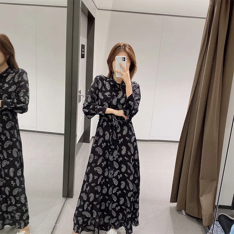 ZA 2020 NEW black Lace up printing dress womens midi lapel Retro Long sleeve slim waist vestidos chic party dresses | Женская одежда