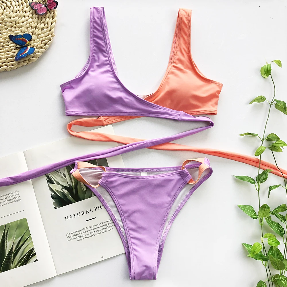 Контрастное бикини набор лоскутный купальник сексуальный пуш-ап женский галстук