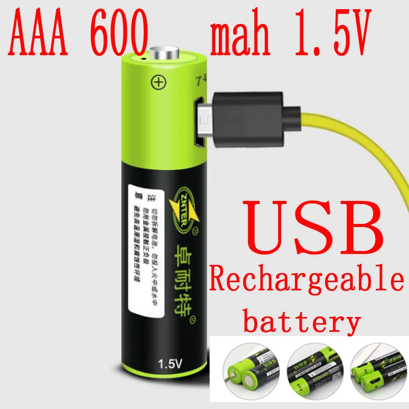 Продукт ZNTER 1,5 V 600mAh 900mwh USB Перезаряжаемый AAA Lipo аккумулятор литий-полимерный литий-ионный аккумулятор большой емкости