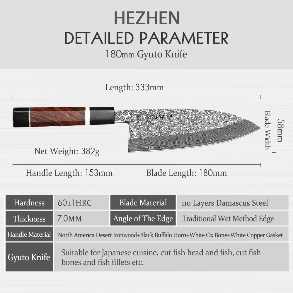 HEZHEN 180 мм гьюто Ножи 110 Слои из дамасской стали супер Сталь с круглым открытым
