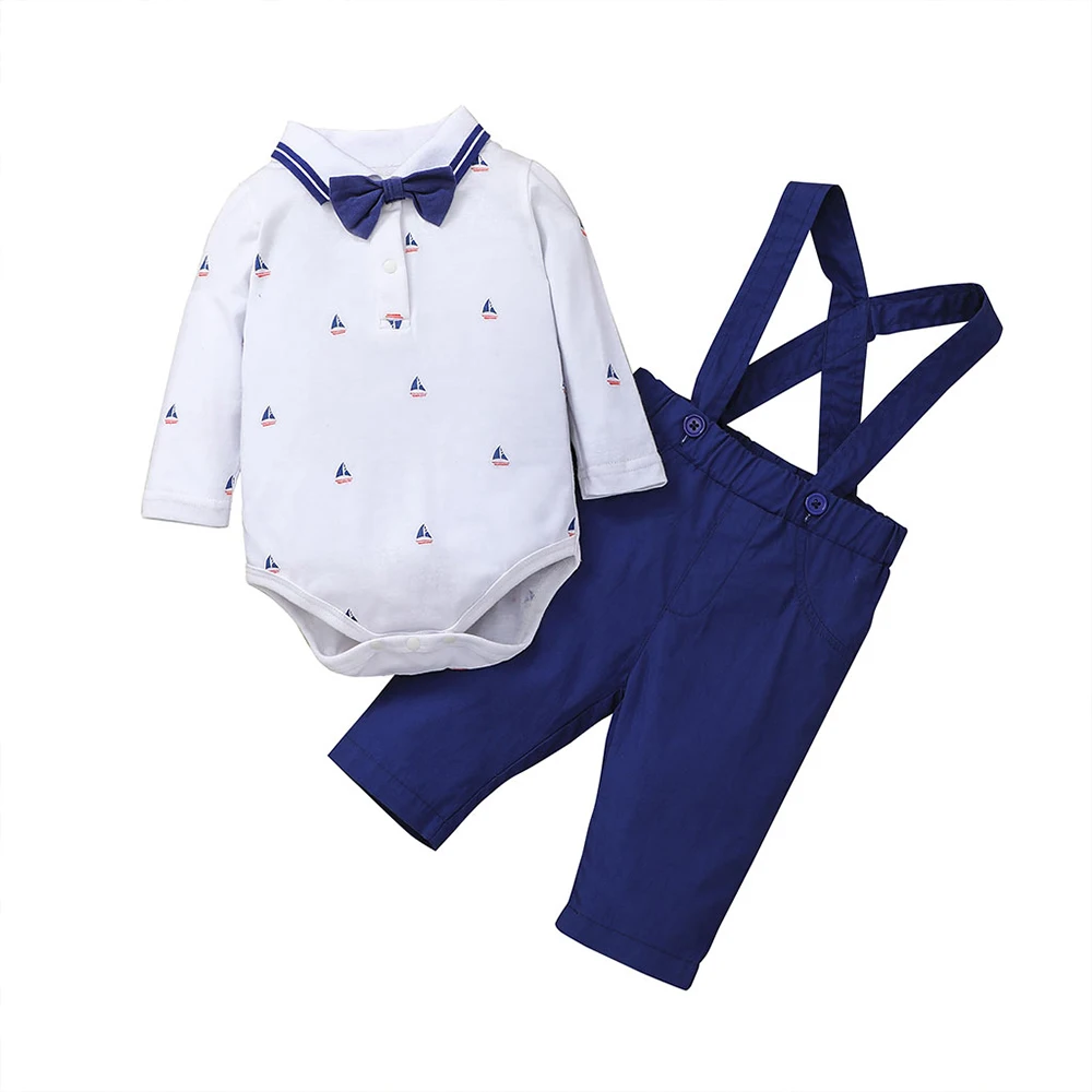 

Infant Newborn Baby Boys Clothing Outfit Suit Autumn Toddler Turn-down Collar Long Sleeve Bowknot Romper Suspender 2Pcs Suit