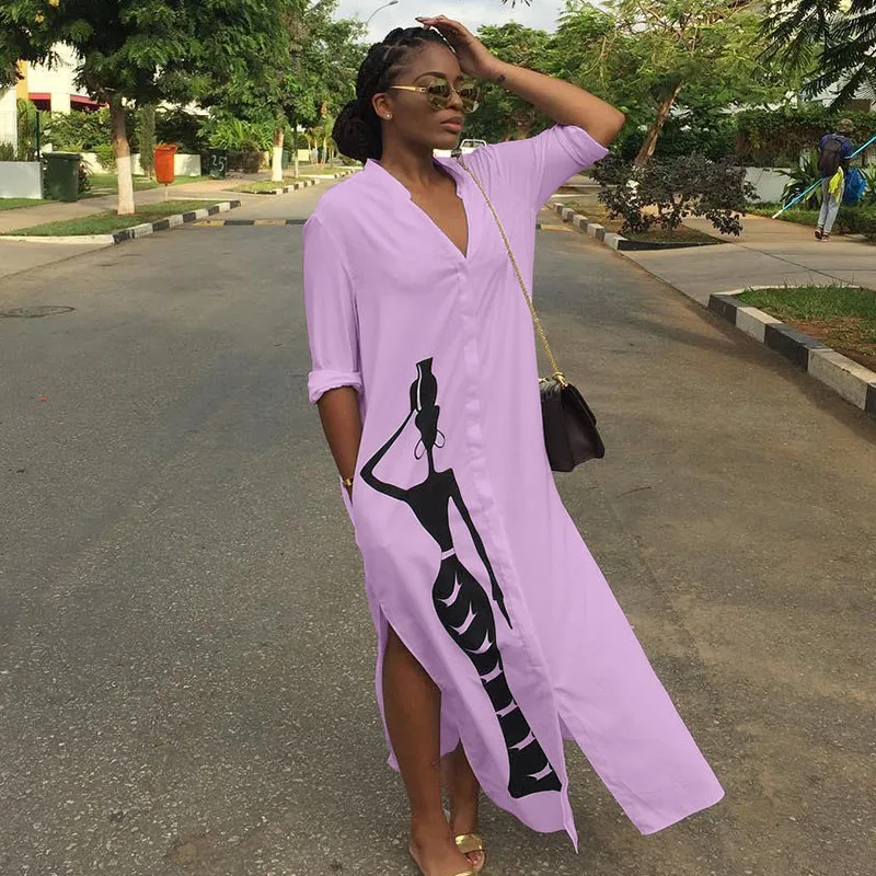 Женское платье-рубашка с длинным рукавом V-образным вырезом и карманами | Женская