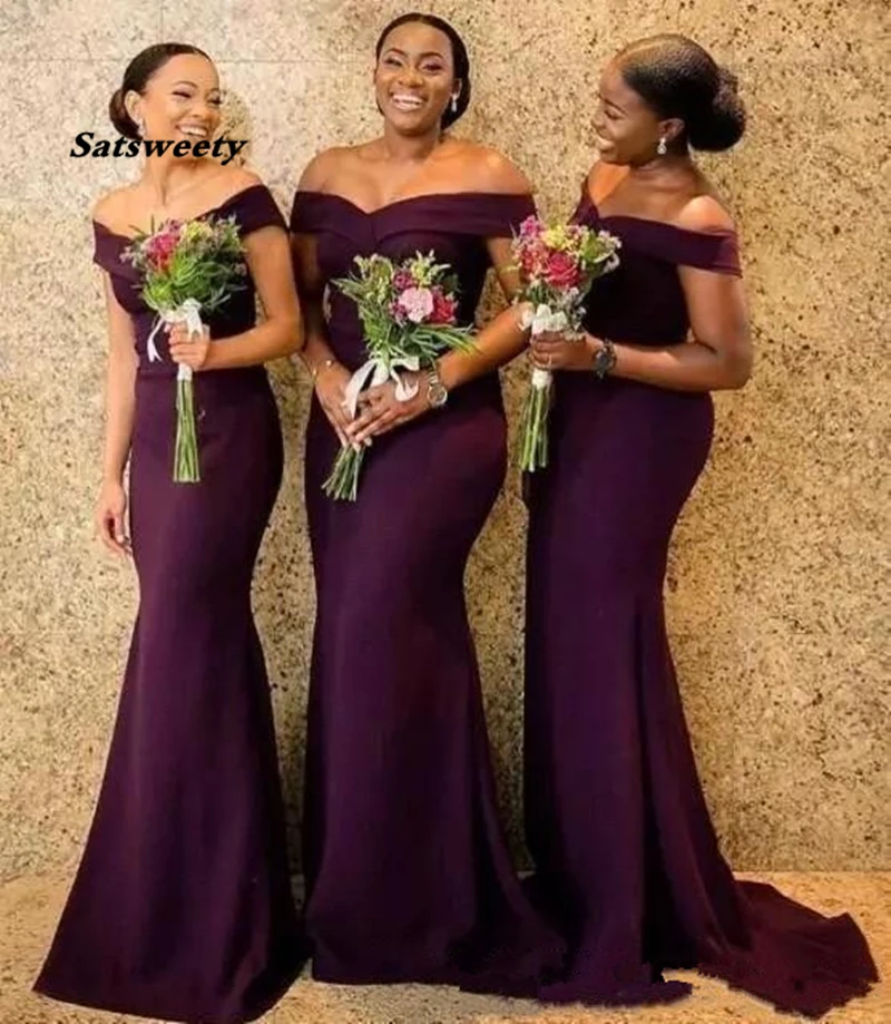 

2021 Regency African Off The Shoulder Satin Long Bridesmaid Dresses Ruched Sweep Train Wedding Guest Maid Of Honor Dresses