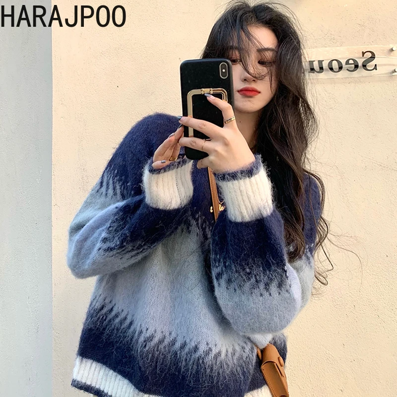 

Women Pullover Harajpoo Striped Streetwear Korean Fashion Crewneck Sweater Women Fall Loose 2021 New Vintage Knitted Lazy Oaf