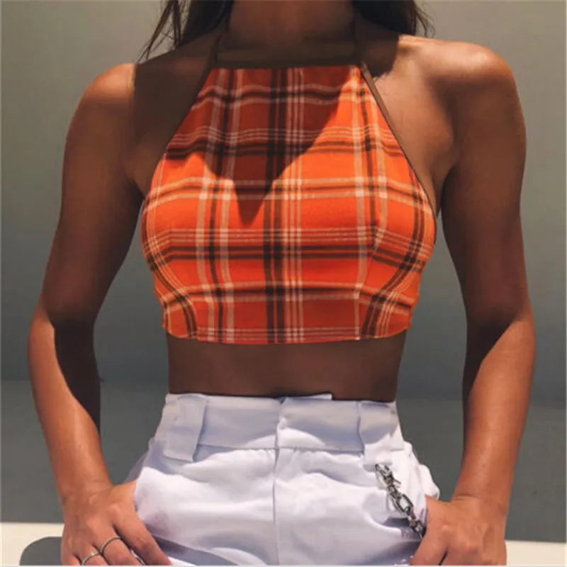 

New relaxation women's wear sleeveless hanging neck tops plaid orange short off-the-shoulder waistcoat