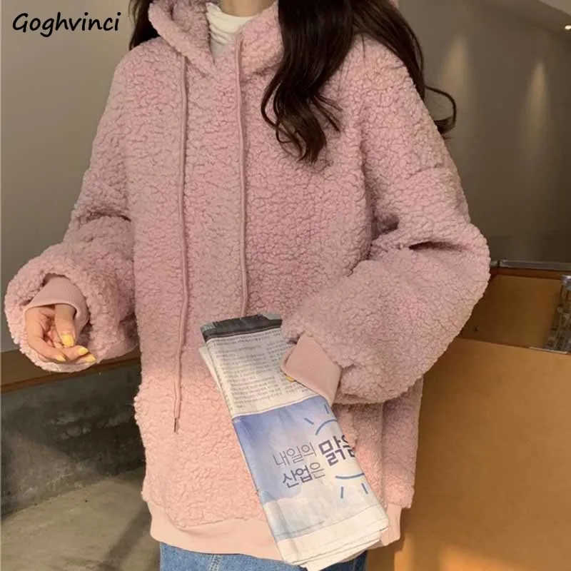 

Hoodies Women Hooded Bear-ear Solid Lambswool Front Pocket Chic Kawaii Loose Thicken Ulzzang Streetwear Stylish Winter Casual