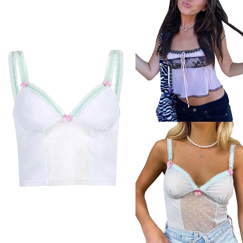 

Женская кружевная майка без рукавов, летняя Прозрачная майка составного кроя с бантом и шнуровкой, 2021