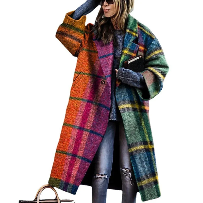 

The new 2021 autumn and winter women's clothing new one-button long-sleeved lapel coat printed woolen long coat