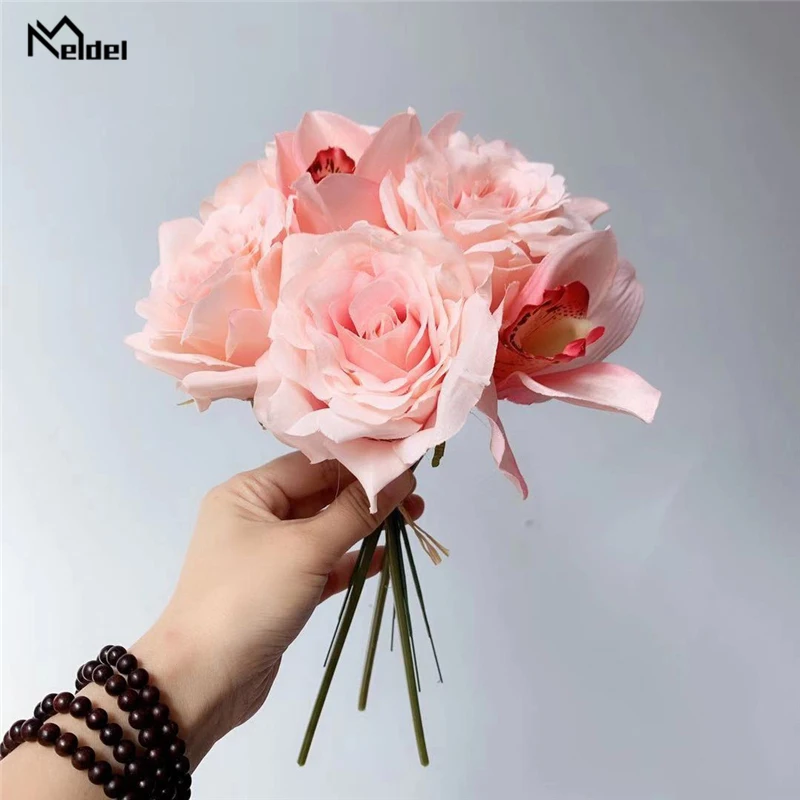 Meldel Artificial Flower Bouquet Silk Rose Orchid Fake Girl Purple Pink DIY Home Party Decoration Wedding Supply | Дом и сад