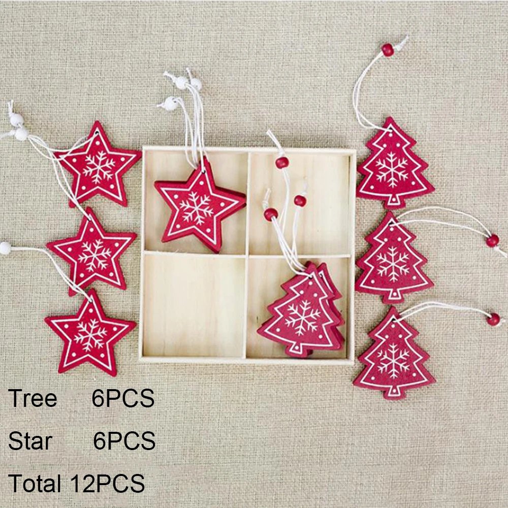 Christmas tree star 8 шт или 12 шт DIY снежинки лося Троянские рождественские деревянные подвески, украшения для рождественской елки, вечерние украшения, детский подарок - Цвет: Christmas tree star