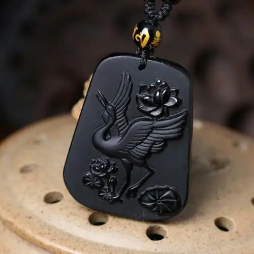 Подвеска из натурального обсидиана краснолобый прыгающий кран талисман