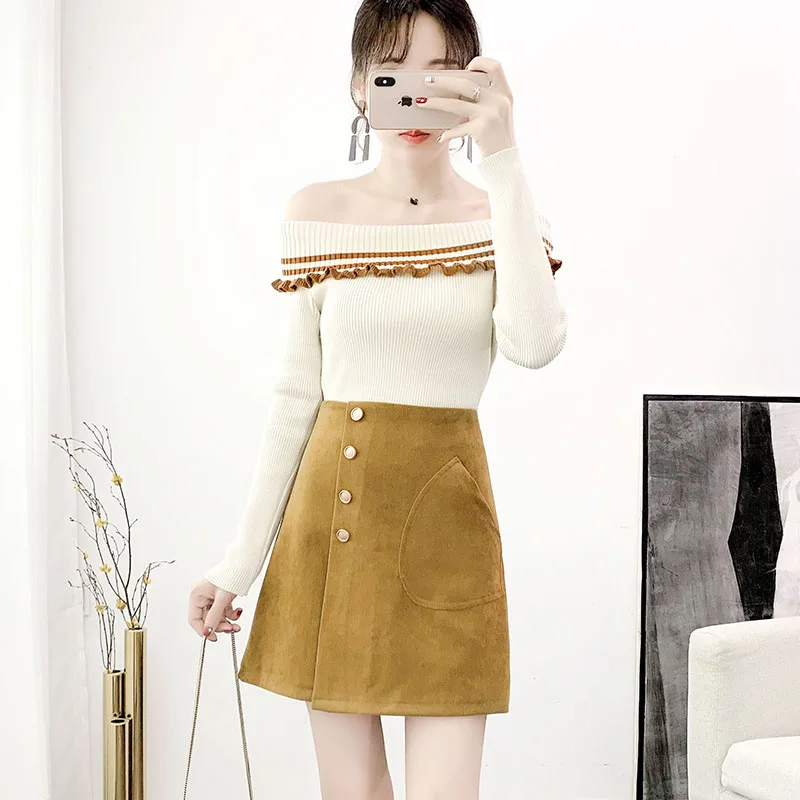

New winter fashion sweater skirt woman skirts dew shoulder knit A word two-piece outfit knitwear outfit top sweet style suit