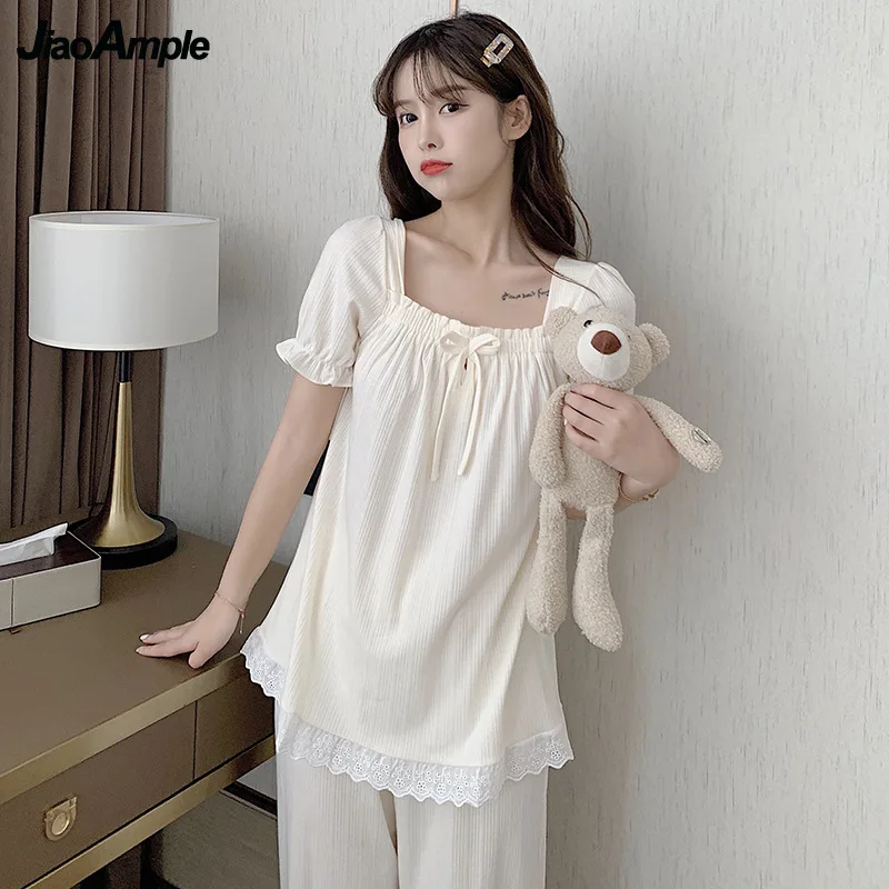 Pajamas Women Summer Autumn Cotton  Short-sleeved Shorts Trousers Pijamas Three-piece Korean Sweet Lace Sexy Nightwear Homewear