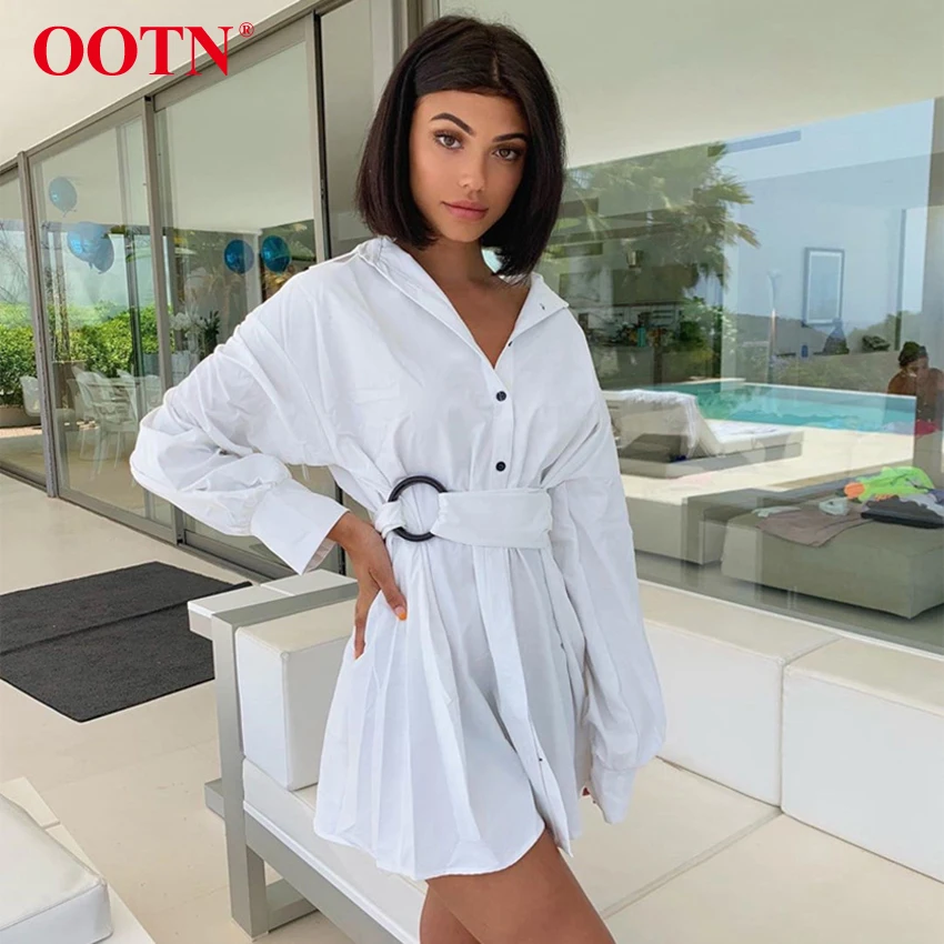 OOTN, отложной воротник, синяя туника, платье-рубашка, женское платье с длинным рукавом и поясом, офисное женское мини-платье, Осень-зима, повседневное белое платье