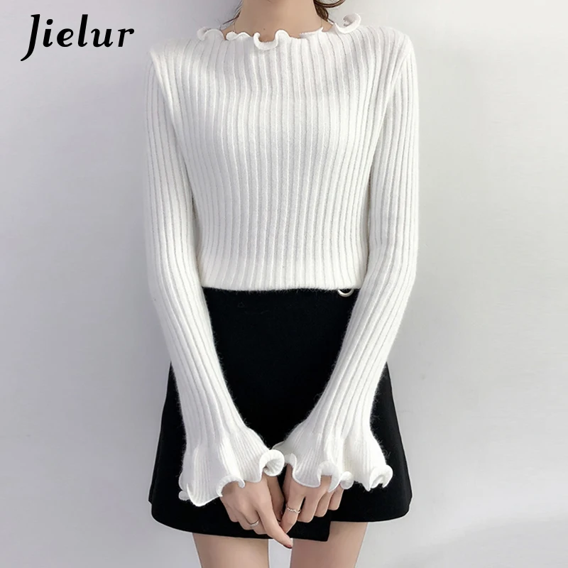 Свитер женский трикотажный с оборками и воротником длинным рукавом зимний S-XL |