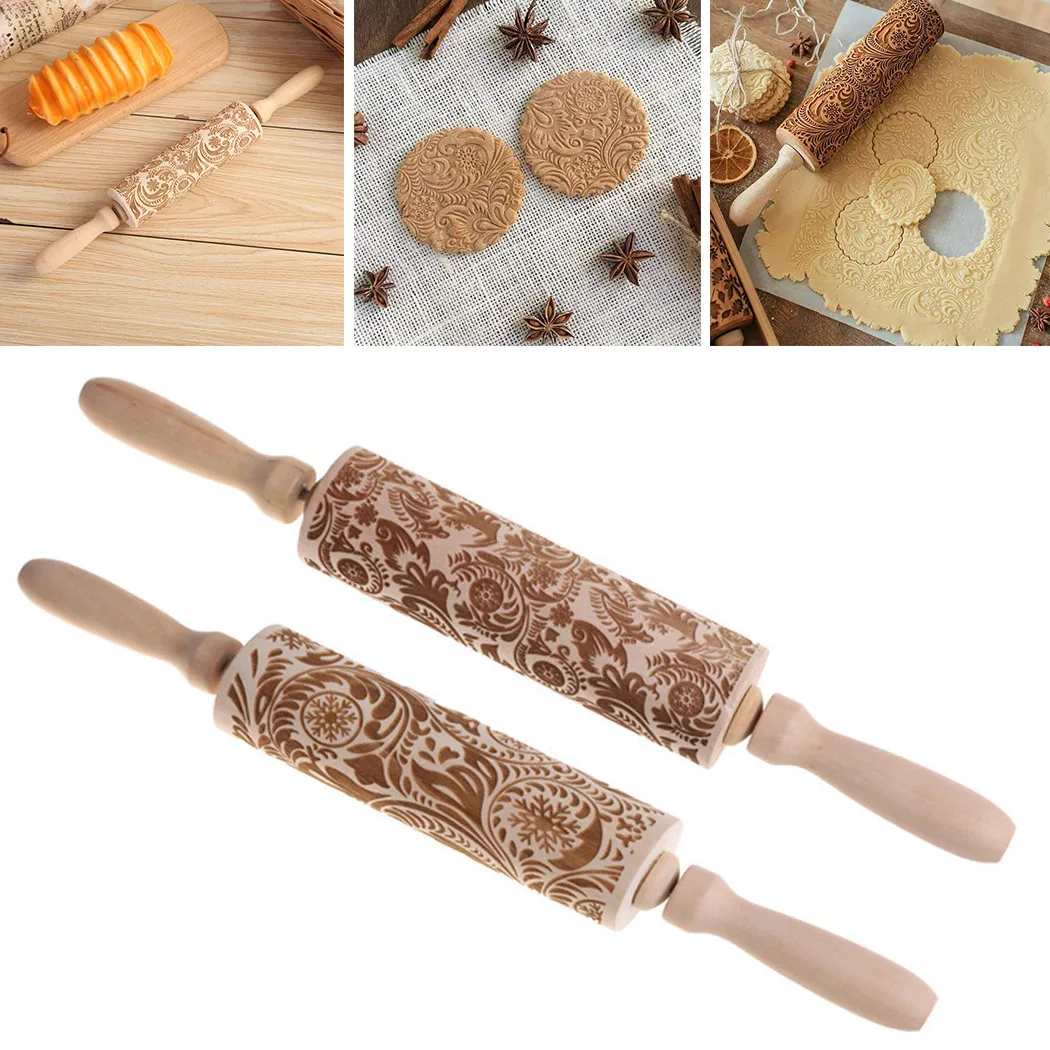 

3D Embossing Rolling Pin Wooden Engraved Roller Pin Flower Pattern Christmas Kitchen Bakeware Tools Rolling Pins Pastry Boards