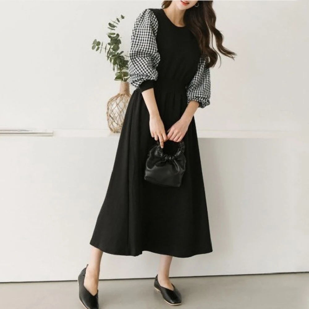

Round Neck Patchwork Long Sleeve Ankle-Length Winter Women's Dress Office Ladies Korean Japanese Women Long Dresses