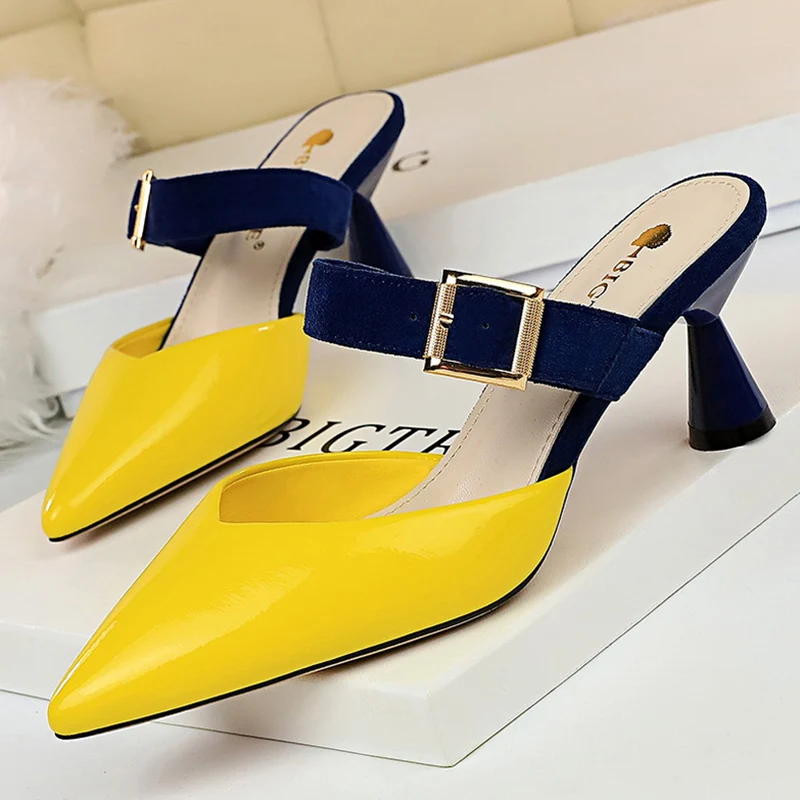 Женские туфли без задника на каблуке 6 см повседневные шлепанцы желтого и