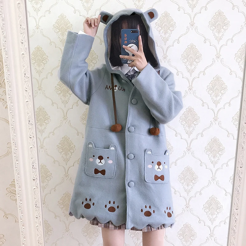 Winter New Japan Preppy Style Women Cute Pocket Embroidery Loose Hooded Thick Jackets Harajuku Mid-Length Coat 2011313