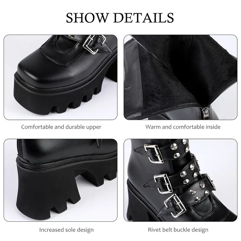 

Brand Design Gothic Style Cool Punk Motorcycles Boots Women Shoes Big Size 43 Black Female Platform Wedges High Heels Calf Boots