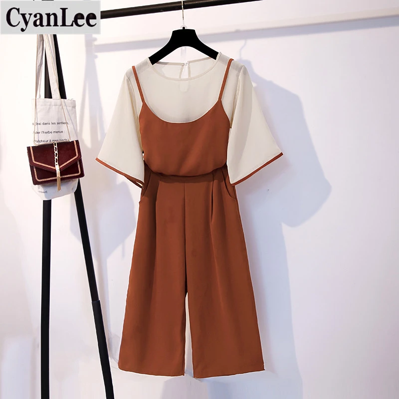 

Cyanlee Summer Women Three Piece Sets Casual O-Neck Flare Sleeve Tops + Pants Elastic Waist Wide Leg Pants Suit Set 3 Piece Set