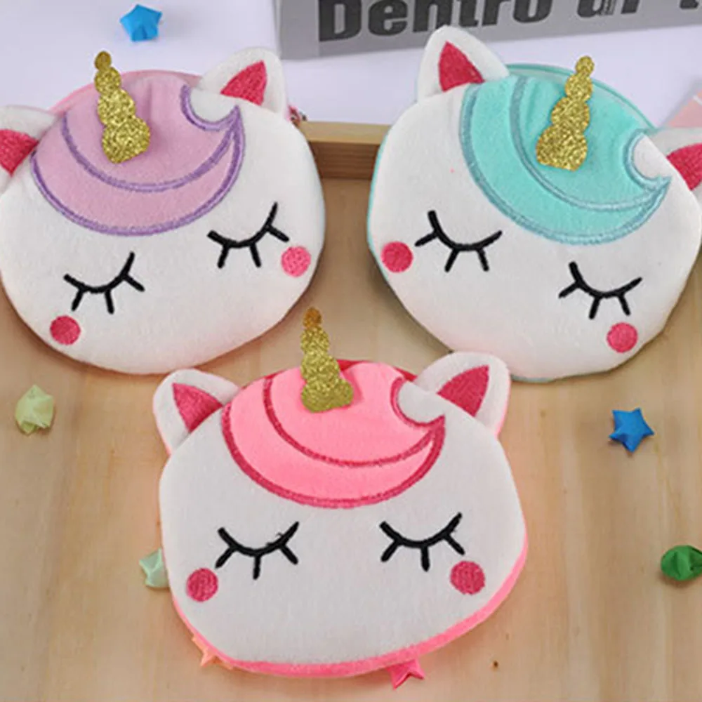 

Cartoon Plush Unicorn Coin Purse Cute Cat Fur Circle Wallet Girl Clutch Embroidered Bag Key Earphone Organizer Pouch Kids Gift