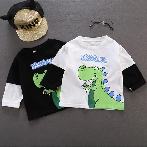 Весенне-осенняя модная футболка с динозавром детские белые и черные хлопковые