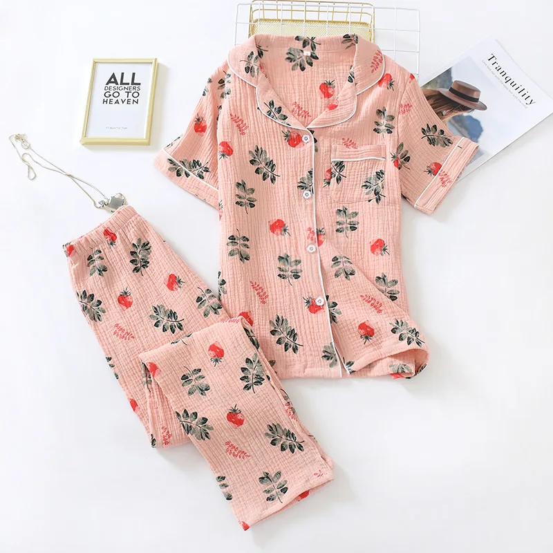 Summer Pajamas for Women Pure Cotton Gauze Short Sleeve Trousers Pajamas Set Thin Soft and Comfort Korean Home Two Piece Set