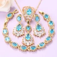 turkey big jewelry sets gold color sky blue cubic zirconia fashion women accessories wedding party gift