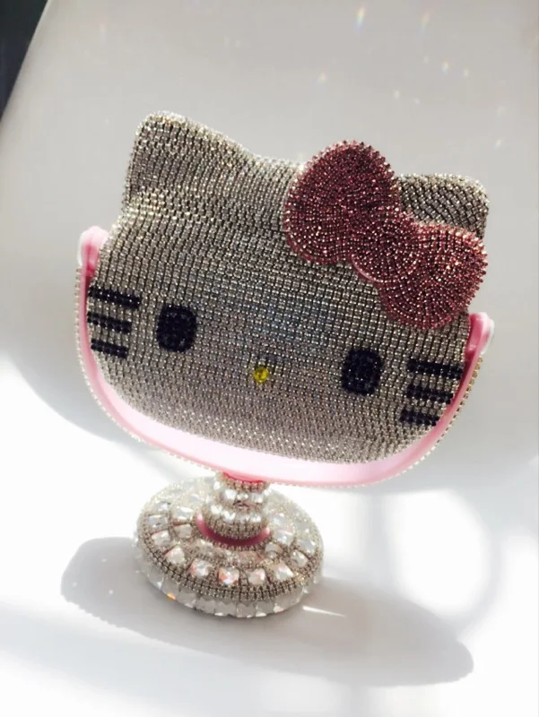 

Rhinestone Kitty Cat Decorative Mirrors Bling Diamond Small Mirror Pink Kawaii Makeup Helloo Kitty Table Decor Compact Mirror