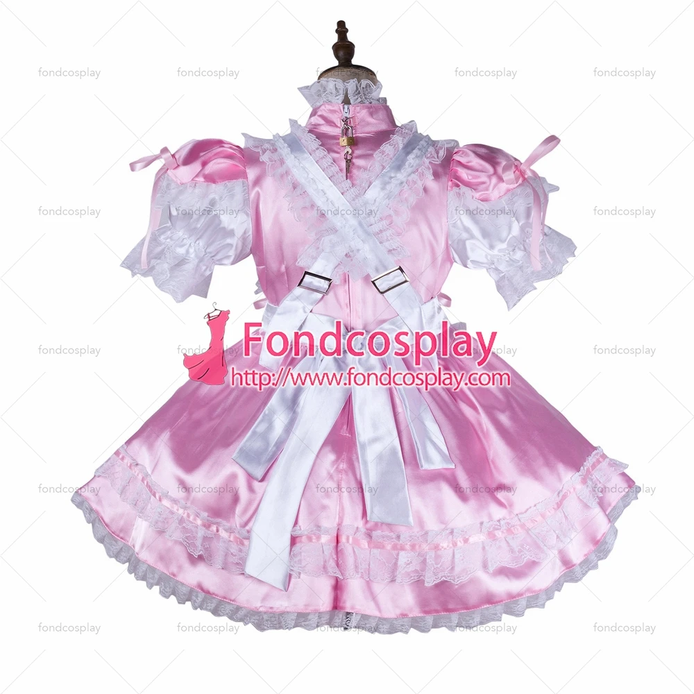 fondcosplay adult sexy cross dressing sissy maid baby pink satin dress lockable Uniform white apron costume Tailor-made[G2145] |